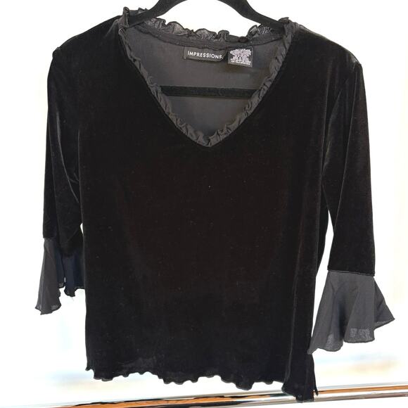 Y2K Whimsygoth Black Velvet Ruffle Top Vamp Gothic Dark Fairy Petite Large - Picture 3 of 8